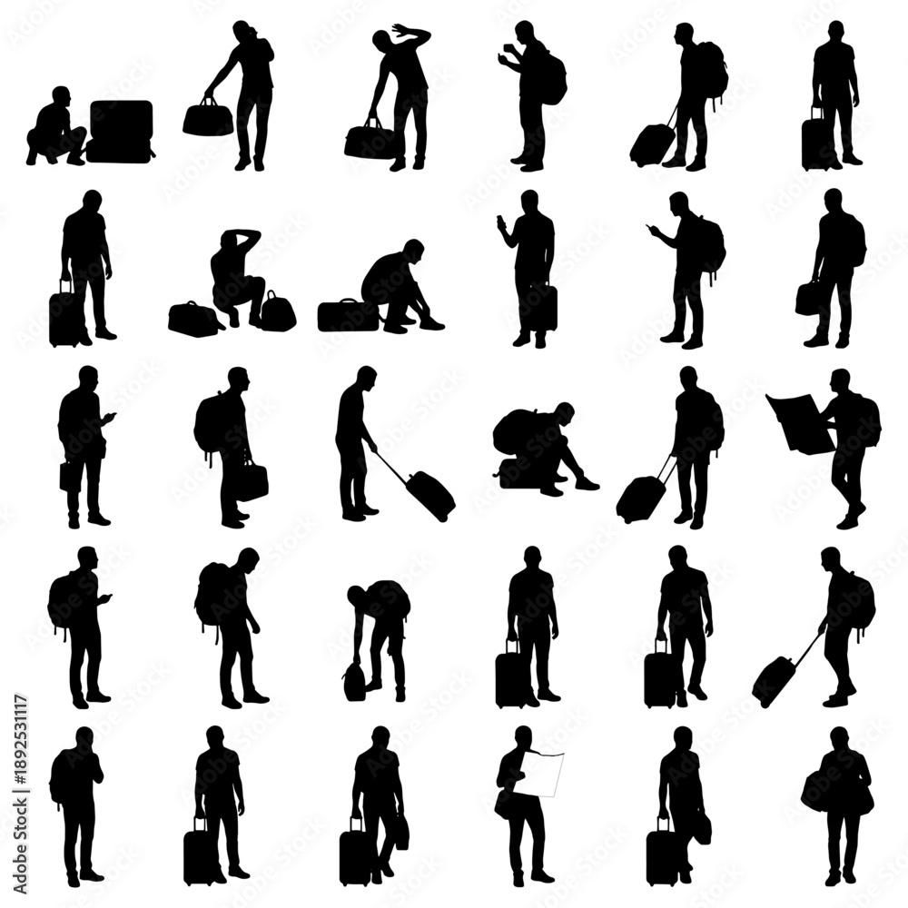 Obraz premium Set of 36 traveler silhouettes in different travel situations: standing with suitcase, walking, waiting, checking phone, carrying bags, bending, resting and moving through airport spaces. 