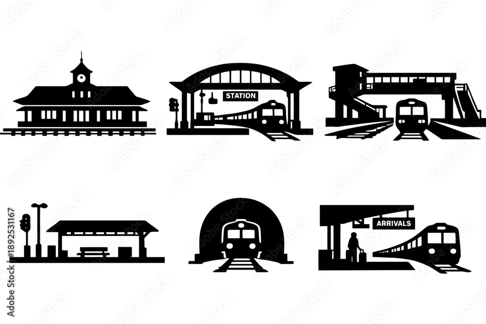 Obraz premium Silhouette of various train stations and platforms with trains and infrastructure.