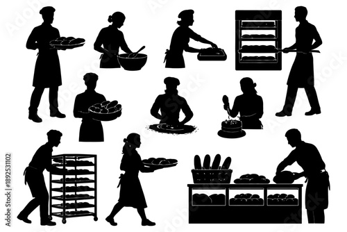 Silhouette collection of bakers at work: preparing, baking, and serving bread and pastries.