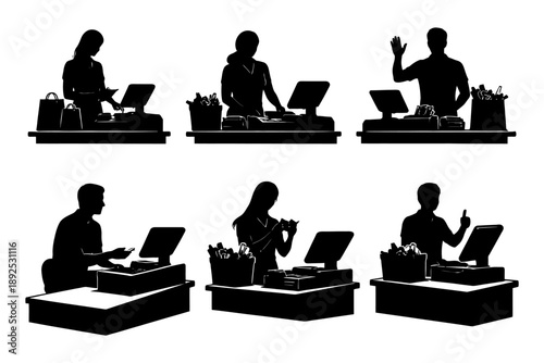 Silhouette group of asian and caucasian male and female cashiers at counters.