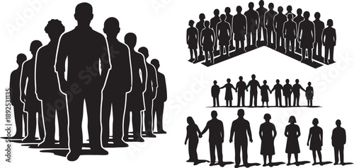 Silhouettes of people standing in groups and crowds together