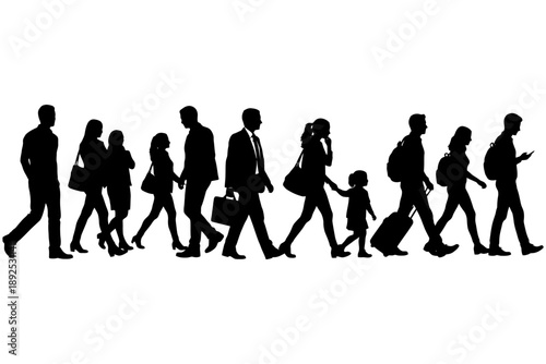 Silhouette of diverse people walking with luggage and bags in profile view.