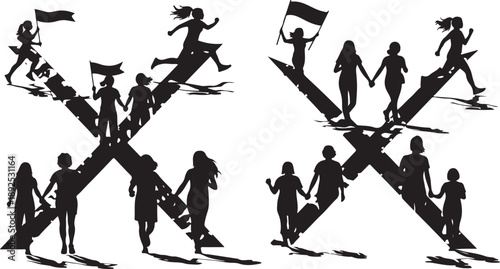Silhouettes of people crossing bridge, teamwork and unity concept