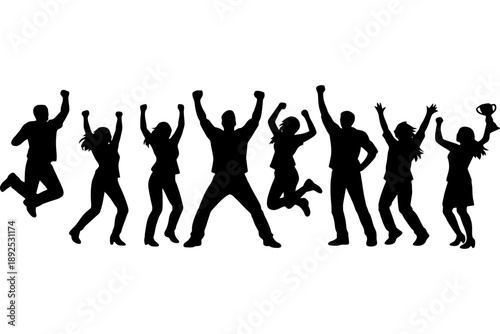 Silhouette of diverse group celebrating success with trophy.