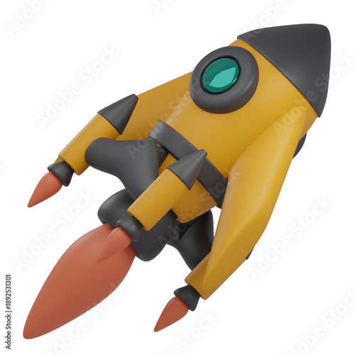3D Render of a Yellow Rocket Ship Launching with Fire and Smoke Effects