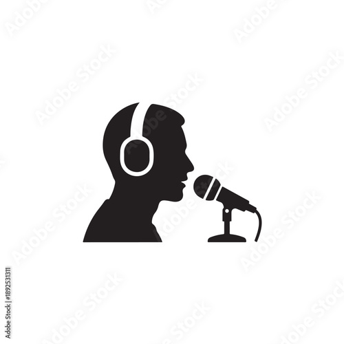 Podcaster Silhouette with Headphones and Microphone in Simple Black Design for Media Illustration