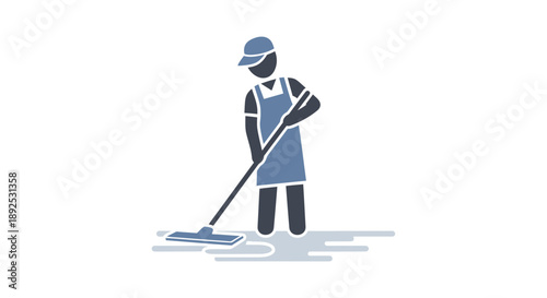 Janitor Cleaning Floor with Mop.