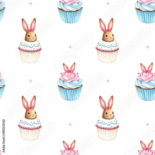 Easter desserts, pattern, hearts, soft pastel colors, hand painted watercolor texture, festive spring mood, isolated on white background, vector...
