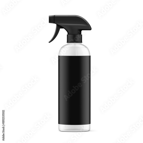 Clear trigger sprayer bottle mockup. Vector illustration isolated on white background. Perfect for easy customisation and editing your design for household, cleaning, gardening and etc. EPS10.