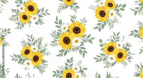 Bright sunflower field with yellow blooms in a sunny garden