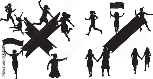 Silhouettes of people celebrating freedom and unity together outdoors