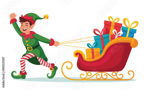 A festive elf pulling a vibrant red sleigh filled with colorful presents on a joyful holiday scene
