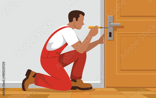 Man installing door lock on wooden door in home renovation project