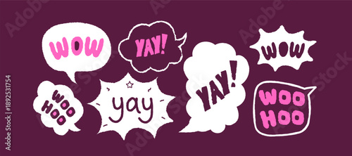 Crayon-style speech bubble with Yay, Wow, Woohoo. Ideal for kids projects, comics, greeting cards, educational materials, and fun social media posts. Funky cheerful exclamations on dark background.