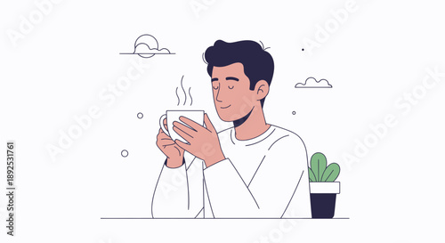 Man Enjoying Hot Beverage with Smile.