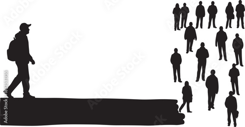 Silhouette of a lone traveler walking away from crowd