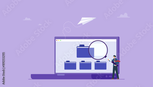 Businessman with magnifying glass search for file in folder computer laptop. File management or documents archive, computer data backup or virus scan, online cloud storage or search for files.