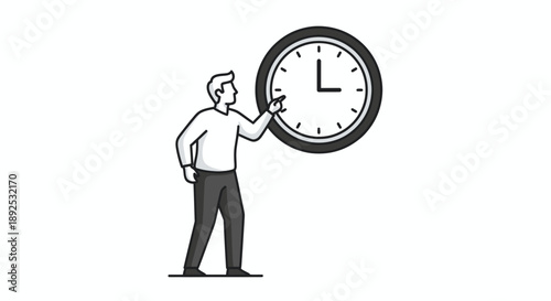 Man holding large clock face illustration.