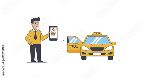 Man holding smartphone near yellow taxi.