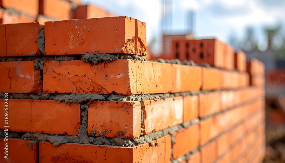 Fototapeta premium Close-up of a brick wall being constructed, showcasing the textured, orange-red bricks and mortar, with a blurred background