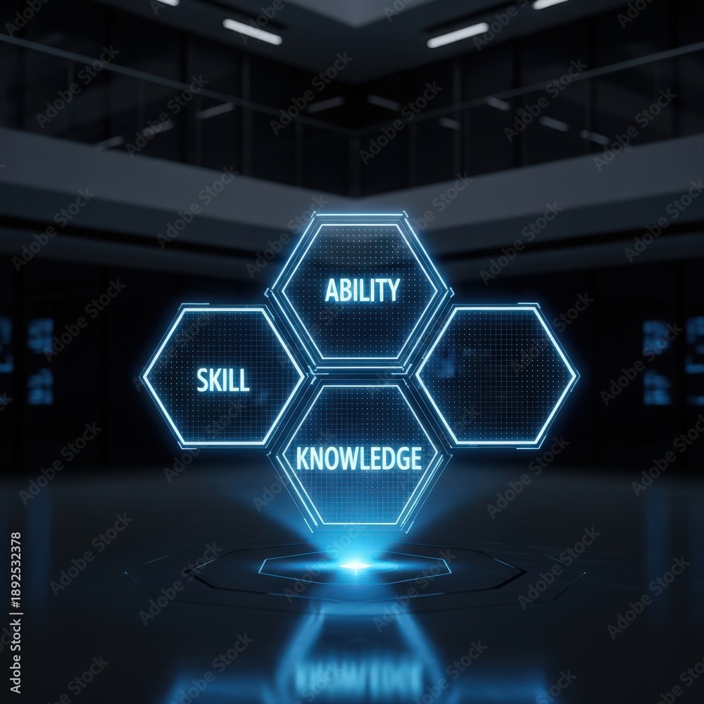 Fototapeta premium Dynamic holographic display showcasing strategic competencies and metrics