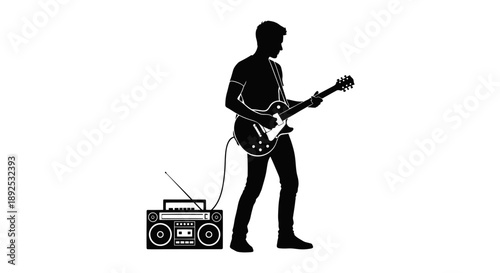 Man Playing Electric Guitar with Radio.