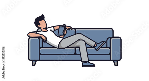 Man Relaxing on Sofa with Remote Control.
