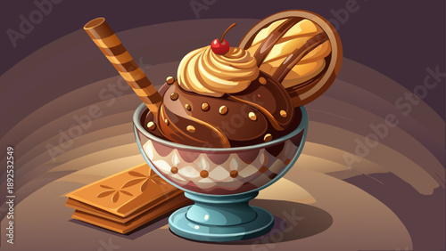 Very beautiful close-up of creamy chocolate ice cream served in a cup with wafer and crispy biscuit in Tropea, Calabria, showcasing rich texture, indulgent dessert details, and authentic Italian sweet