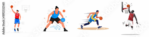 Modern vector set of basketball players performing different actions: shooting, dribbling, running, and dunking on a white background.