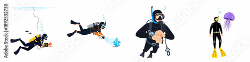 Scuba Diving Adventures Vector Set: Divers, Gear, Coral, and Marine Life Illustrations Isolated on White.