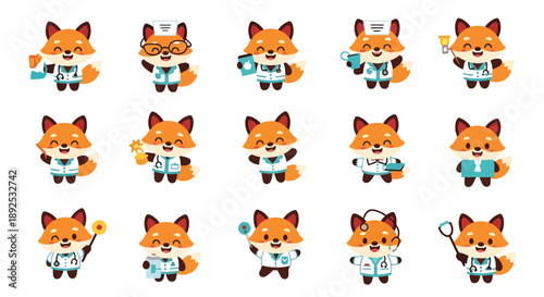 Cute Fox Doctor or Nurse Cartoon Set