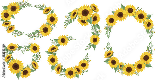 Sunflower border with bright yellow flowers and seeds isolated on a white background