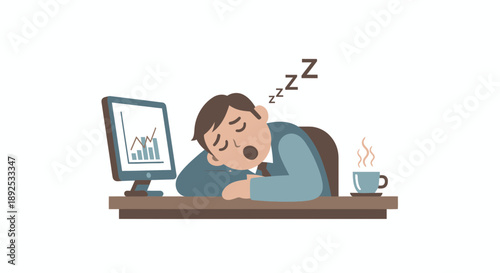 Man Sleeping at Desk with Computer.