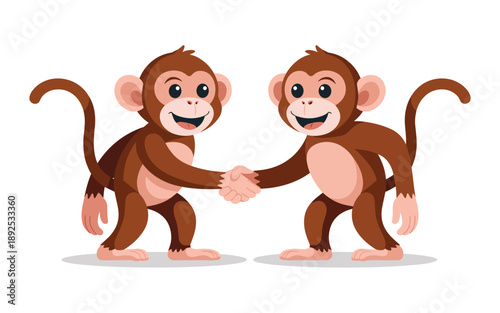 Two cartoon monkeys shaking hands in a friendly gesture, symbolizing partnership and cooperation, viewed from the front.