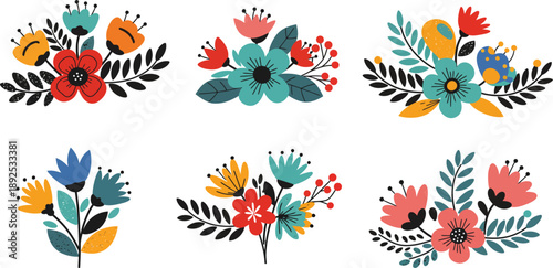 A colorful vector illustration set of fire flames combined with floral and nature elements in a decorative cartoon style