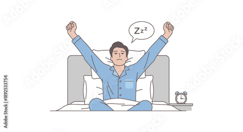 Man Waking Up in Bed Stretching.