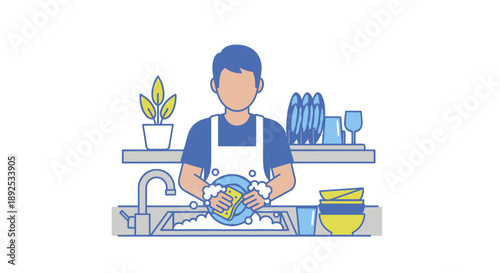 Man Wearing Apron Washing Dishes.