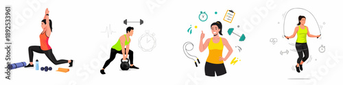 Vector illustrations set of people exercising: doing lunges, kettlebell training, jump rope, and celebrating fitness success on a white background.