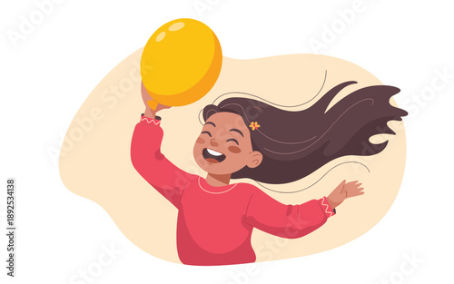 A young girl joyfully holds a yellow balloon with her hair flowing in the wind.