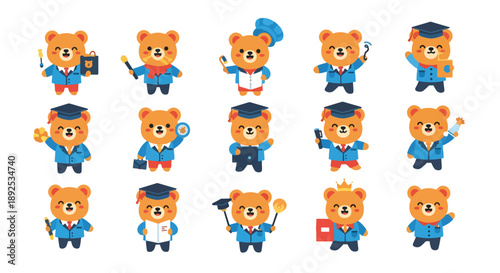 Set of Cartoon Bear Student in Different Poses