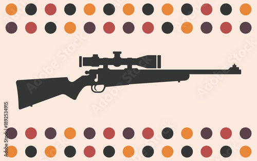 Silhouette of a rifle with scope against a dotted background viewed from the side