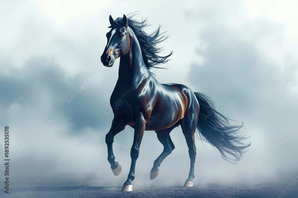 Fototapeta premium A black horse is running through a field of grass