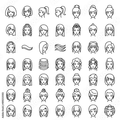 Large thin line black hair styling vector icon pack for women beauty apps and web design