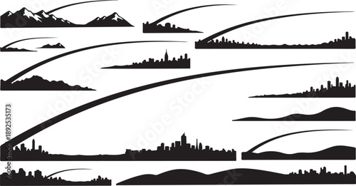 City skylines and mountain ranges in black silhouette landscape