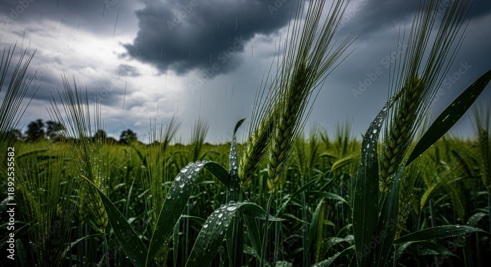 Fototapeta premium Developing cereal grain plants endure heavy rainfall under dark, turbulent skies.