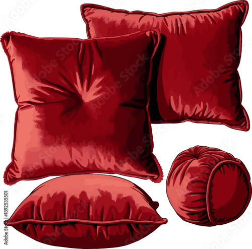 Create a kinds of deferent realistic Royal red velvet pillow vector art with white background.