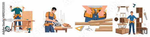 Professional Woodworking and Carpentry Process Illustration Set: Measuring, Cutting, Assembling, and Finishing Furniture Construction.