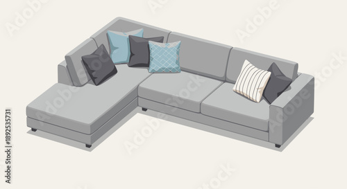 Contemporary Grey L-Shaped Sectional Sofa with Decorative Throw Pillows for Spacious Modern Living Room Interior Design Layouts and Residential Furniture