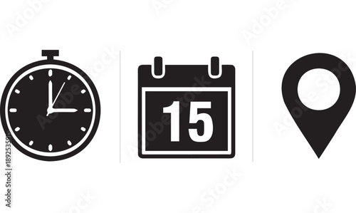 Black Vector Icons of Clock, Calendar, and Location Pin