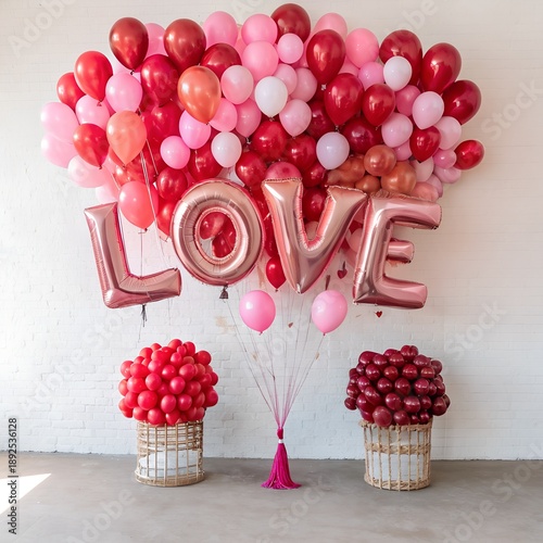A composition of pink and red balloons with the inscription LOVE